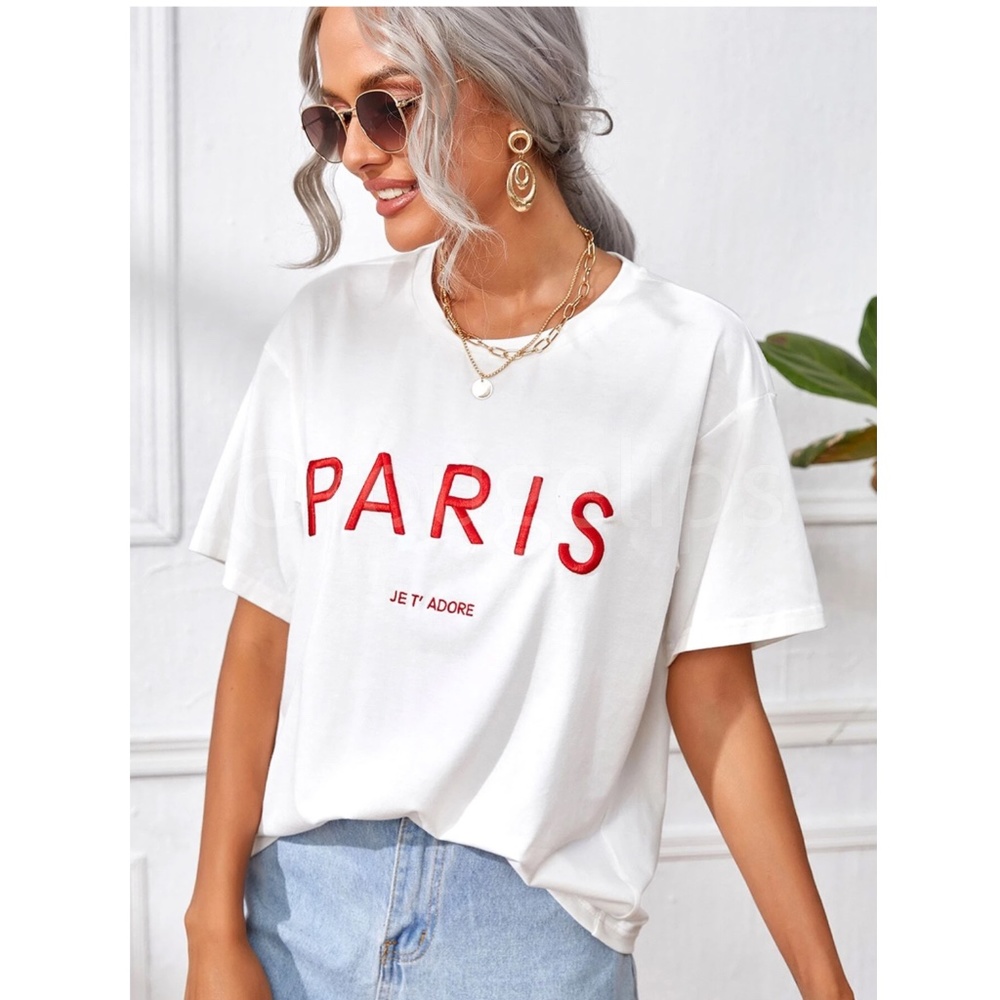 White Tee Red Embroidery Text Print Shirt Short Sleeve, Drop Shoulder Oversized - Picture 7 of 12